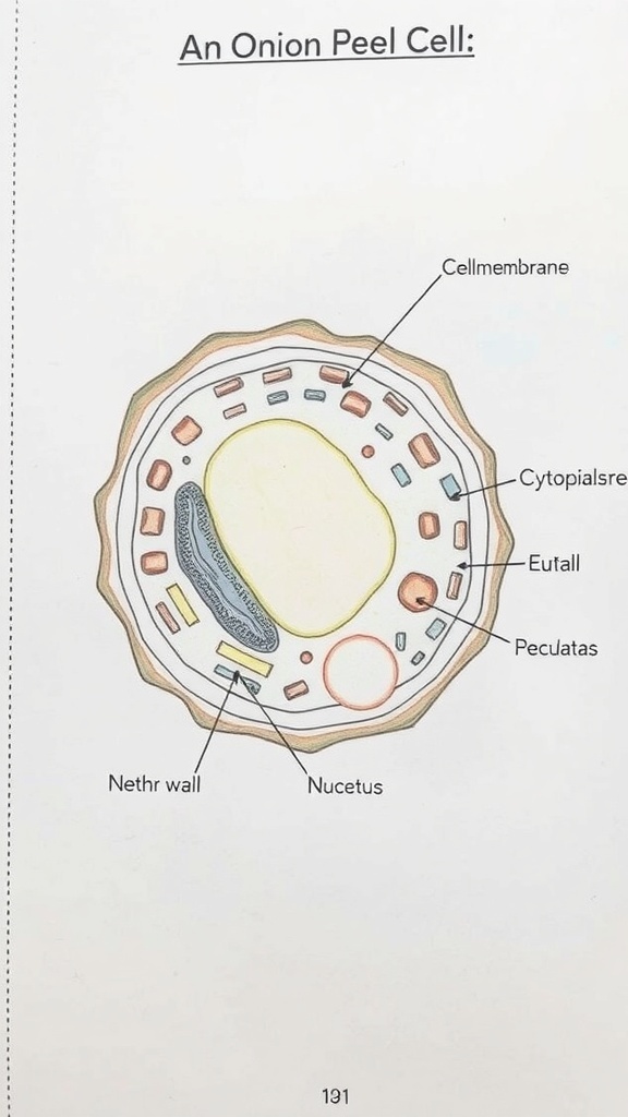 Onion Peel Cell Structure Diagram for Class 9 Diagram of an onion peel cell with labeled structures for educational purposes.